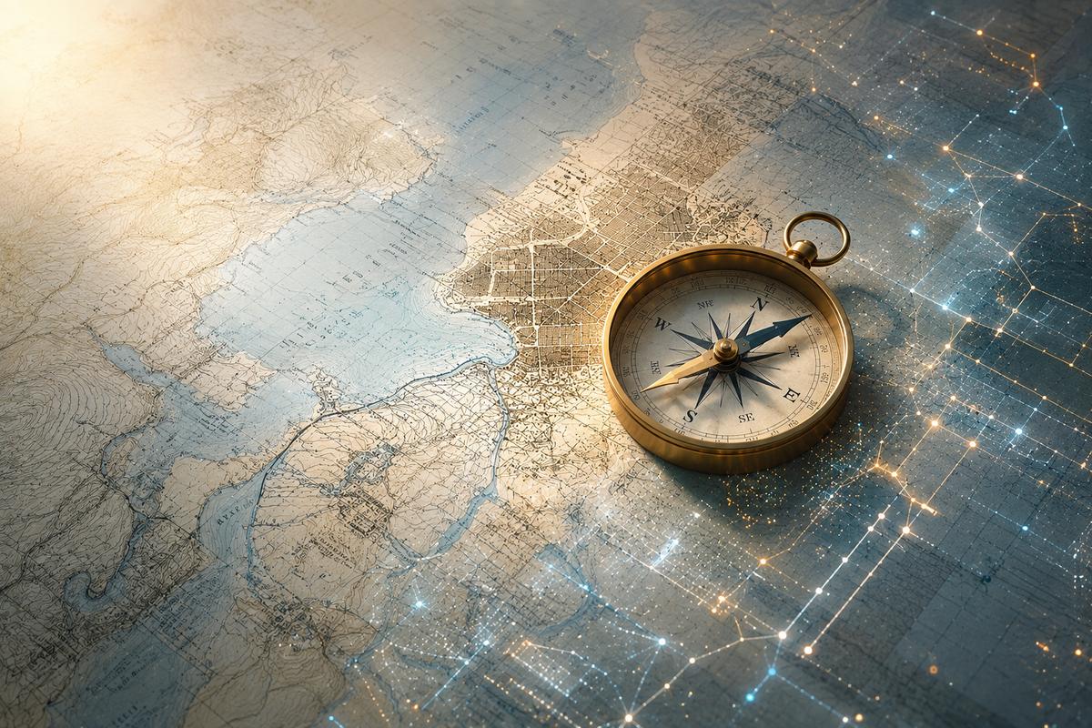 Compass over a changing map with subtle luminous network signals